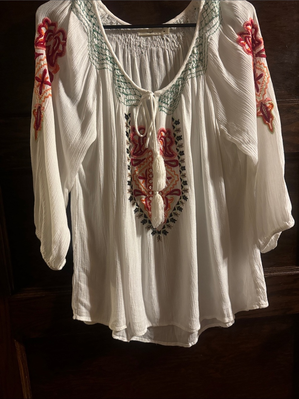 hazel White Boho Embroidered Peasant Top with Multicolor Accents